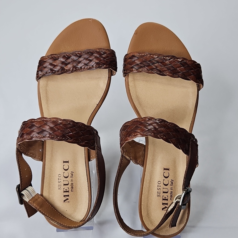 Sesto Meucci Sandals Woven Italian Leather Open Toe Slingback Brown Size 8N